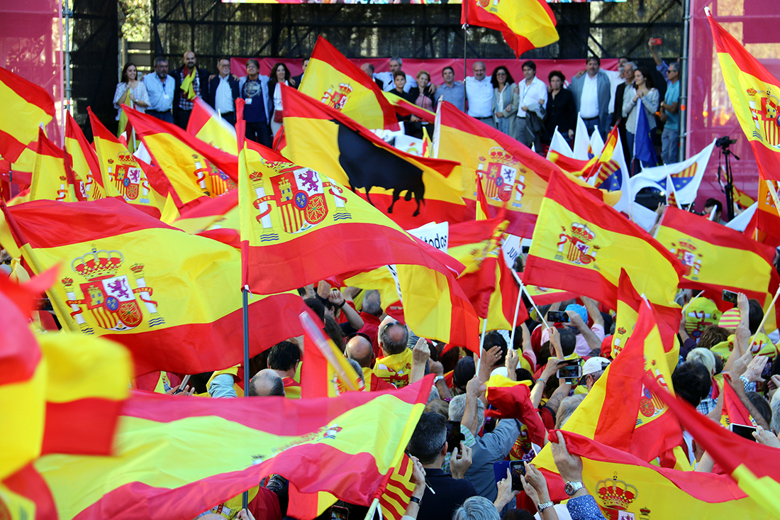 Un mar de banderes espanyoles en una manifestació unionista