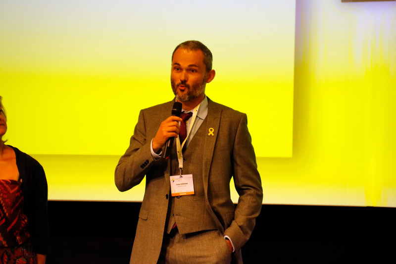 El regidor de medi ambient de l'Ajuntament d'Avià, Josep Subirana, durant l'entrega de premis en el marc de la Setmana Europea de l'Energia Sostenible, a Brussel·les el juny del 2019