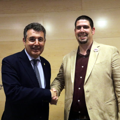 El president de la Diputació de Girona, Miquel Noguer, i el futur vicepresident primer Pau Presas durant la presentació de l'acord de govern